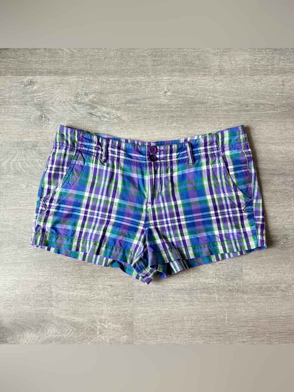 Y2K Plaid Cotton Low Rise Mini Shorts in Purple and Green by Fashion Forgo